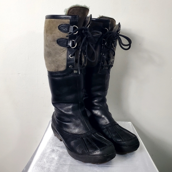 UGG Black Belcloud Waterproof Leather Lace Up Plush Lined Boots Size 8 - Picture 2 of 15